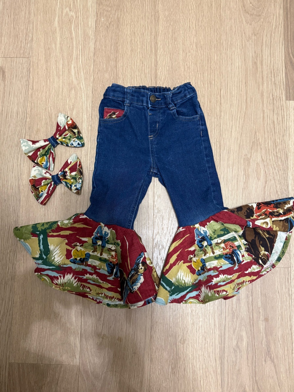 Custom made Ride ‘em Cowboy printed Bell-Bottom Jeans with matching bows
